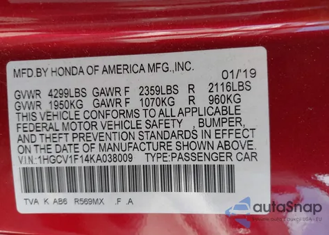 2019 Honda Accord Lx 1.5T z USA, uszkodzony, nr VIN 1HGCV1F14KA038009